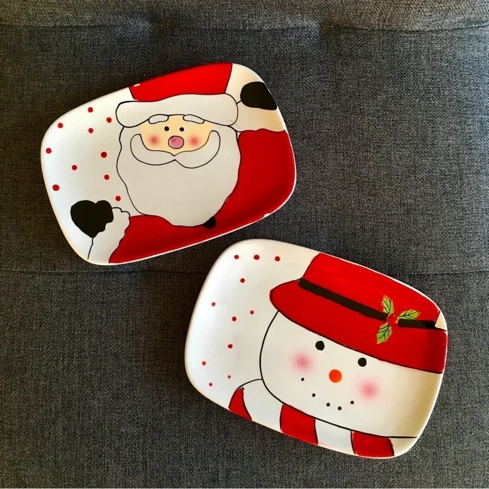 Set/2 Santa + Snowman Hand Painted Holiday Appetizer Dishes, Decor, Red, White
